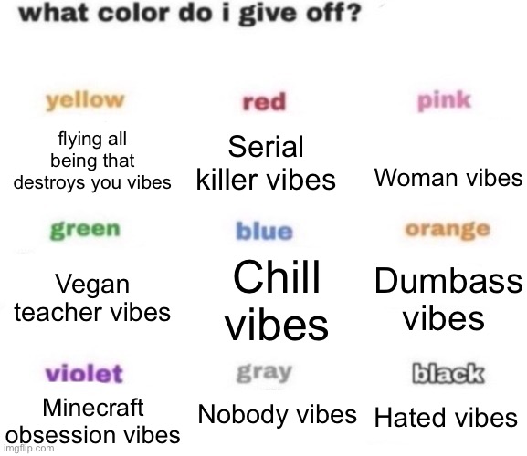 what color do i give off blank | flying all being that destroys you vibes; Serial killer vibes; Woman vibes; Vegan teacher vibes; Chill vibes; Dumbass vibes; Nobody vibes; Hated vibes; Minecraft obsession vibes | image tagged in what color do i give off blank | made w/ Imgflip meme maker