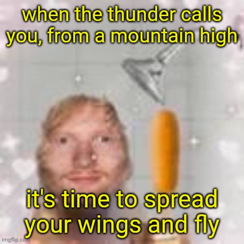 ed sheeran holding a corn dog in the shower | when the thunder calls you, from a mountain high; it's time to spread your wings and fly | image tagged in ed sheeran holding a corn dog in the shower | made w/ Imgflip meme maker