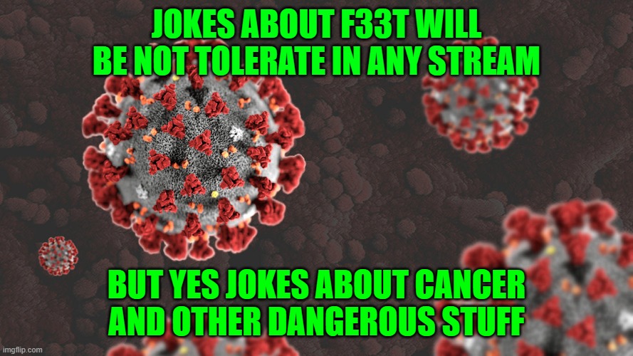 Coronavirus | JOKES ABOUT F33T WILL BE NOT TOLERATE IN ANY STREAM; BUT YES JOKES ABOUT CANCER AND OTHER DANGEROUS STUFF | image tagged in coronavirus | made w/ Imgflip meme maker