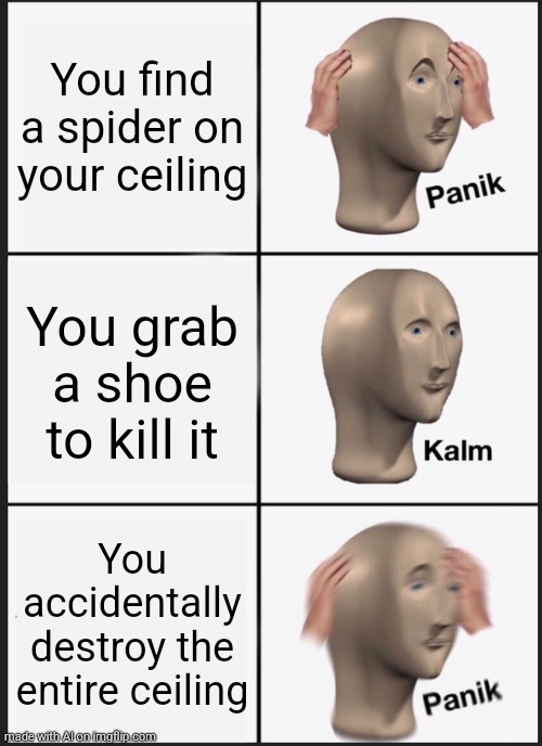 Ai going wild | You find a spider on your ceiling; You grab a shoe to kill it; You accidentally destroy the entire ceiling | image tagged in memes,panik kalm panik | made w/ Imgflip meme maker