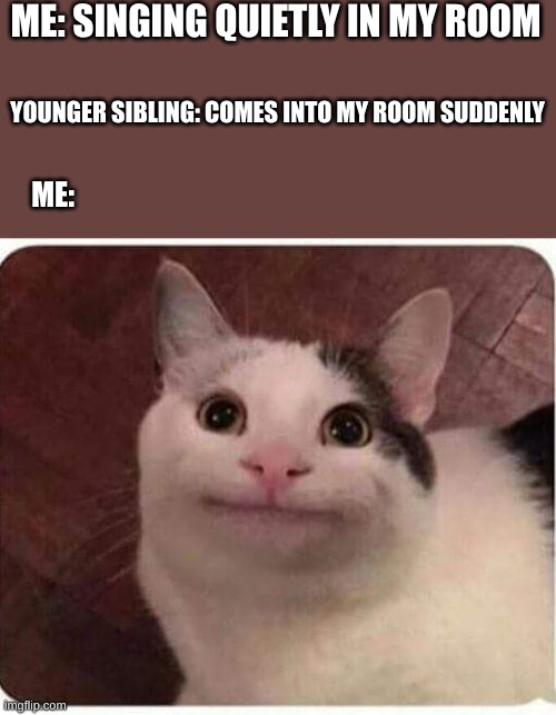 singing? who me? | ME: SINGING QUIETLY IN MY ROOM; YOUNGER SIBLING: COMES INTO MY ROOM SUDDENLY; ME: | image tagged in polite cat,beluga,fun,funny,cat,younger siblings | made w/ Imgflip meme maker