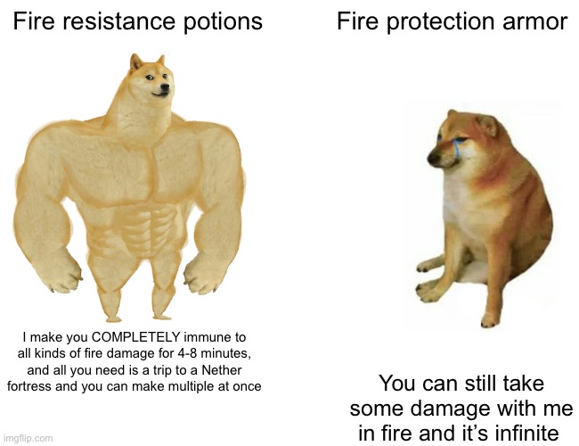 Buff Doge vs. Cheems | Fire resistance potions; Fire protection armor; I make you COMPLETELY immune to all kinds of fire damage for 4-8 minutes, and all you need is a trip to a Nether fortress and you can make multiple at once; You can still take some damage with me in fire and it’s infinite | image tagged in memes,buff doge vs cheems | made w/ Imgflip meme maker