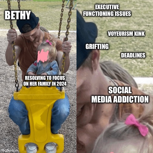 EXECUTIVE FUNCTIONING ISSUES; BETHY; VOYEURISM KINK; GRIFTING; DEADLINES; RESOLVING TO FOCUS ON HER FAMILY IN 2024; SOCIAL MEDIA ADDICTION | made w/ Imgflip meme maker