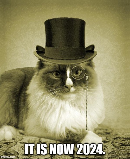 fancy cat  | IT IS NOW 2024. | image tagged in fancy cat | made w/ Imgflip meme maker