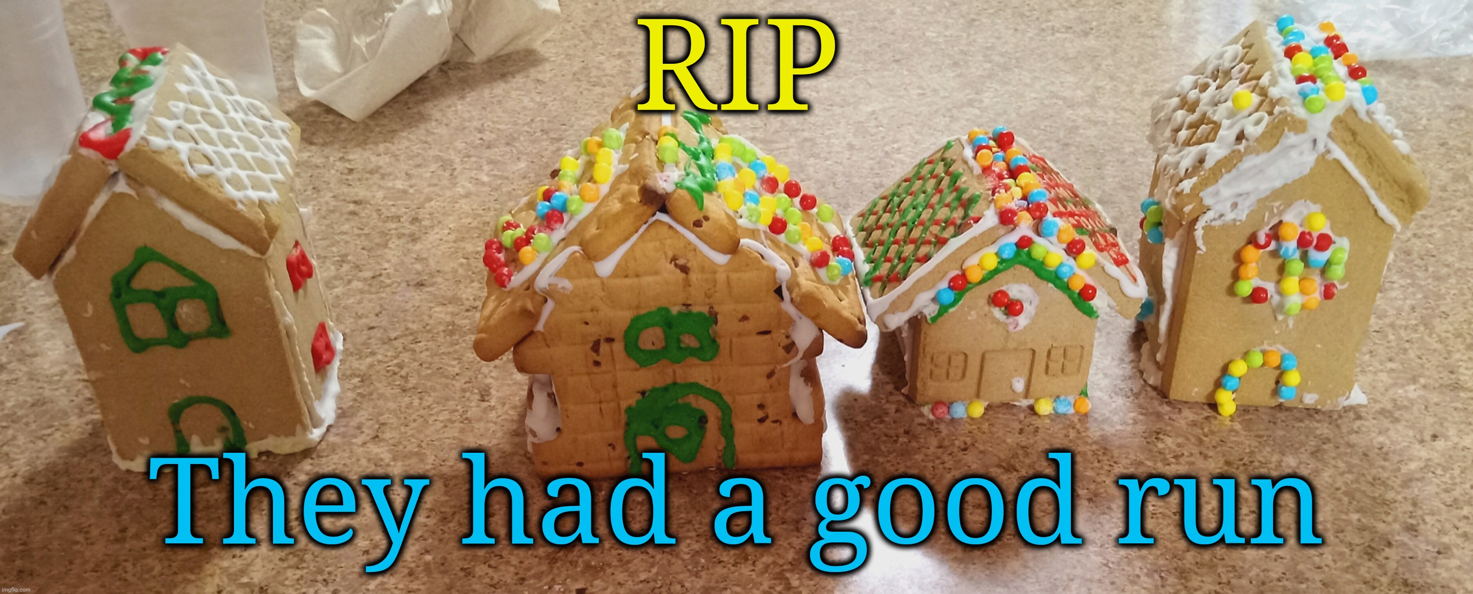 My poor gingerbitchhouses.. | RIP; They had a good run | image tagged in spire's gingerbread houses | made w/ Imgflip meme maker