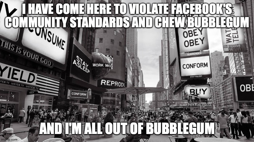 I have come here to violate Facebook's community standards | I HAVE COME HERE TO VIOLATE FACEBOOK'S COMMUNITY STANDARDS AND CHEW BUBBLEGUM; AND I'M ALL OUT OF BUBBLEGUM | image tagged in funny memes | made w/ Imgflip meme maker