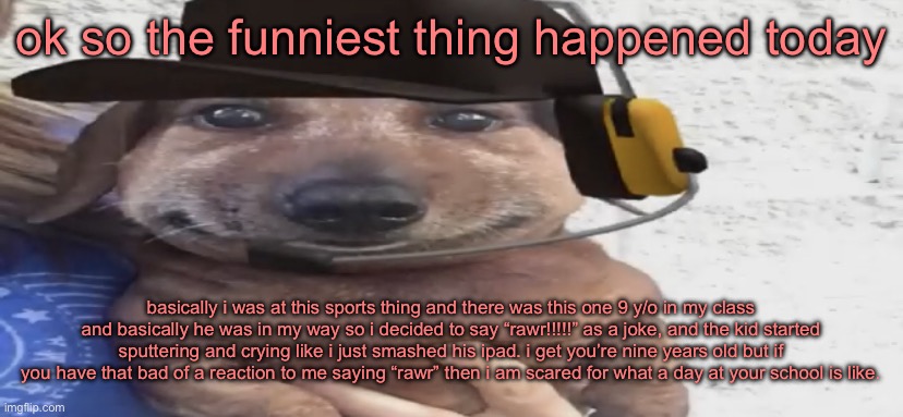 chucklenuts | ok so the funniest thing happened today; basically i was at this sports thing and there was this one 9 y/o in my class and basically he was in my way so i decided to say “rawr!!!!!” as a joke, and the kid started sputtering and crying like i just smashed his ipad. i get you’re nine years old but if you have that bad of a reaction to me saying “rawr” then i am scared for what a day at your school is like. | image tagged in chucklenuts | made w/ Imgflip meme maker