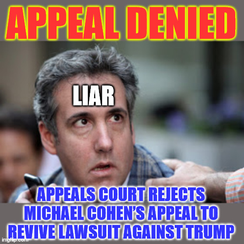 Appeal DENIED... LIAR | APPEAL DENIED; LIAR; APPEALS COURT REJECTS MICHAEL COHEN’S APPEAL TO REVIVE LAWSUIT AGAINST TRUMP | image tagged in michael cohen looking stupid,no appeal for you liar | made w/ Imgflip meme maker