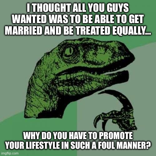 Philosoraptor | I THOUGHT ALL YOU GUYS WANTED WAS TO BE ABLE TO GET MARRIED AND BE TREATED EQUALLY…; WHY DO YOU HAVE TO PROMOTE YOUR LIFESTYLE IN SUCH A FOUL MANNER? | image tagged in memes,philosoraptor | made w/ Imgflip meme maker