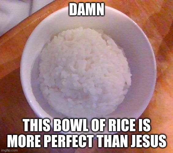 #perfect things | DAMN; THIS BOWL OF RICE IS MORE PERFECT THAN JESUS | image tagged in rice,asian | made w/ Imgflip meme maker