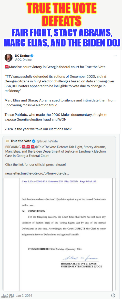 Democrat intimidation of Patriots from uncovering voter fraud FAILS | TRUE THE VOTE
 DEFEATS; FAIR FIGHT, STACY ABRAMS, MARC ELIAS, AND THE BIDEN DOJ | image tagged in democrat,intimidation,fails,this is the year it all gets exposed | made w/ Imgflip meme maker