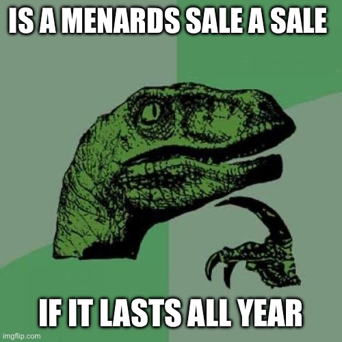 Philosoraptor | IS A MENARDS SALE A SALE; IF IT LASTS ALL YEAR | image tagged in memes,philosoraptor | made w/ Imgflip meme maker