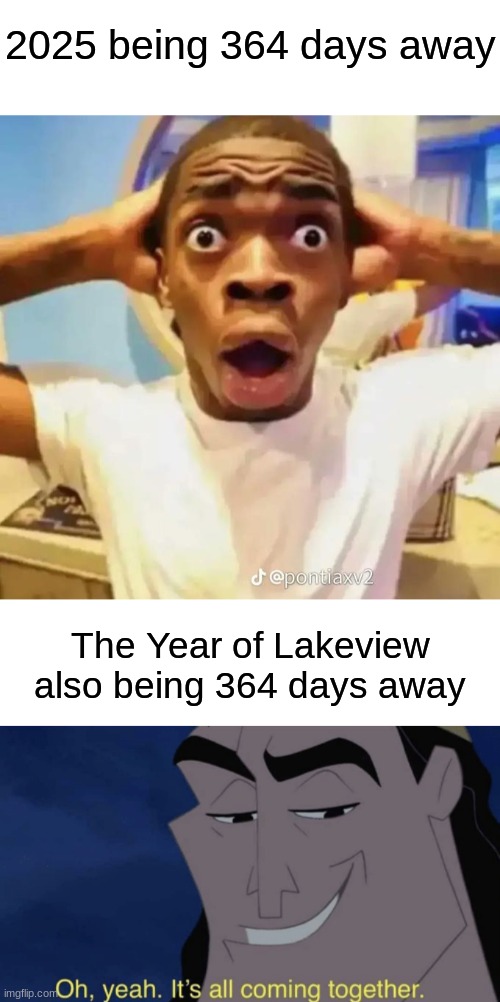 Oh heck yes, but it is still quite shocking... | 2025 being 364 days away; The Year of Lakeview also being 364 days away | image tagged in blank white template,shocked black guy,it's all coming together | made w/ Imgflip meme maker