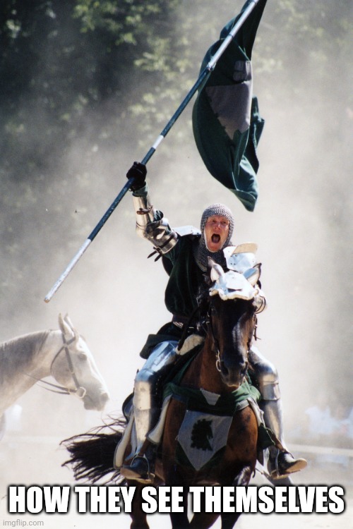 Knight on Horseback Charging with Flag | HOW THEY SEE THEMSELVES | image tagged in knight on horseback charging with flag | made w/ Imgflip meme maker
