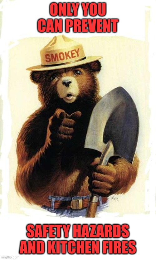 Smokey The Bear | ONLY YOU CAN PREVENT; SAFETY HAZARDS AND KITCHEN FIRES | image tagged in smokey the bear | made w/ Imgflip meme maker