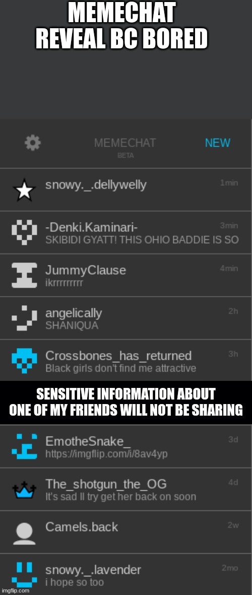 MEMECHAT REVEAL BC BORED; SENSITIVE INFORMATION ABOUT ONE OF MY FRIENDS WILL NOT BE SHARING | made w/ Imgflip meme maker
