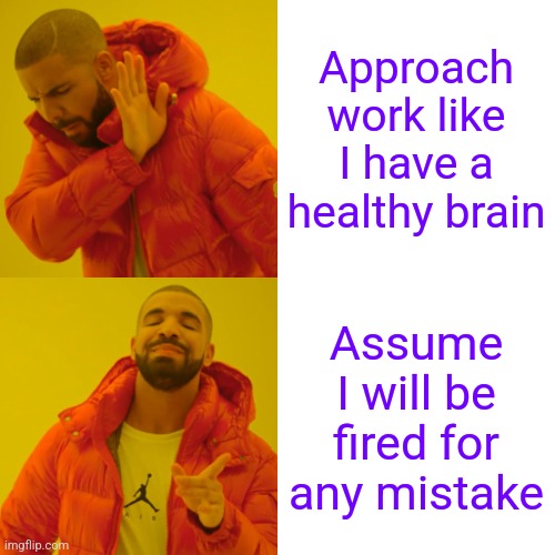 It's okay, I get paid the big barely living wage | Approach work like I have a healthy brain; Assume I will be fired for any mistake | image tagged in memes,drake hotline bling,work | made w/ Imgflip meme maker