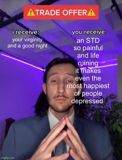 trade offer | an STD so painful and life ruining it makes even the most happiest of people depressed; your virginity and a good night | image tagged in trade offer | made w/ Imgflip meme maker