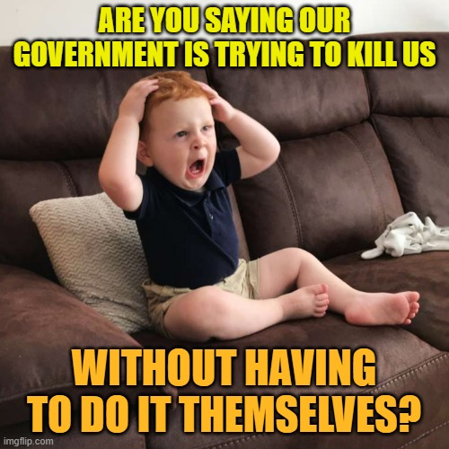 Terrified Toddler | ARE YOU SAYING OUR GOVERNMENT IS TRYING TO KILL US WITHOUT HAVING TO DO IT THEMSELVES? | image tagged in terrified toddler | made w/ Imgflip meme maker