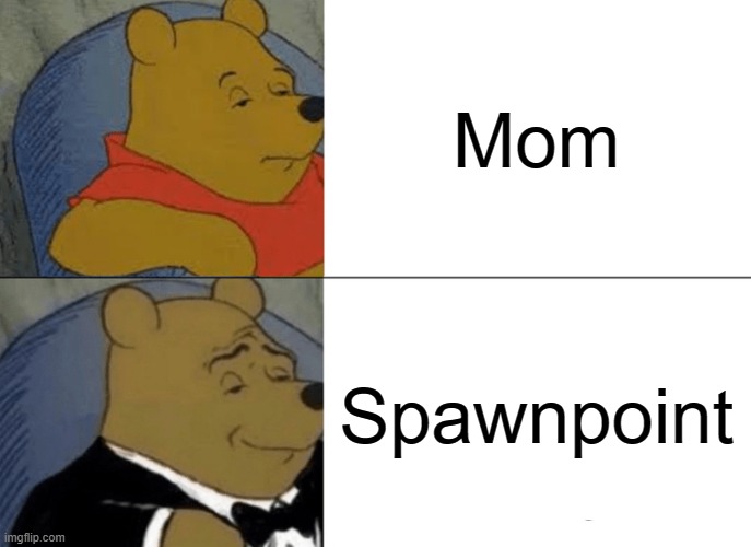 o-o | Mom; Spawnpoint | image tagged in memes,tuxedo winnie the pooh | made w/ Imgflip meme maker