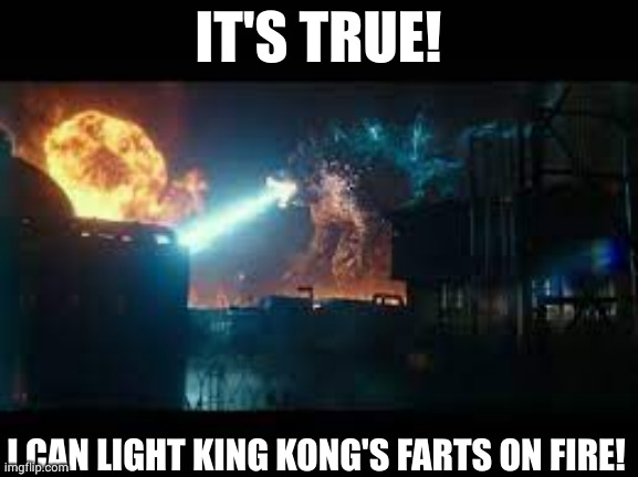 Godzilla and King Kong do science | IT'S TRUE! I CAN LIGHT KING KONG'S FARTS ON FIRE! | image tagged in godzilla destroying some building,farts,fire,explosion,memes,king kong | made w/ Imgflip meme maker