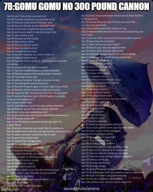 100 day anime challenge | 78:GOMU GOMU NO 300 POUND CANNON | image tagged in 100 day anime challenge | made w/ Imgflip meme maker