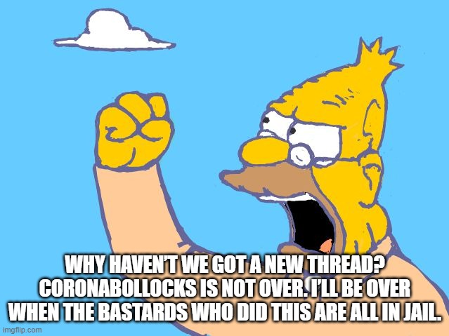 old man yells at cloud | WHY HAVEN’T WE GOT A NEW THREAD? CORONABOLLOCKS IS NOT OVER. I’LL BE OVER WHEN THE BASTARDS WHO DID THIS ARE ALL IN JAIL. | image tagged in old man yells at cloud | made w/ Imgflip meme maker