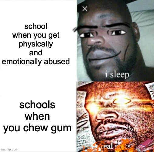 Sleeping Shaq Meme | school when you get physically and emotionally abused; schools when you chew gum | image tagged in memes,sleeping shaq | made w/ Imgflip meme maker