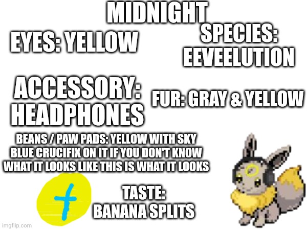 MIDNIGHT; SPECIES: EEVEELUTION; EYES: YELLOW; FUR: GRAY & YELLOW; ACCESSORY: HEADPHONES; BEANS / PAW PADS: YELLOW WITH SKY BLUE CRUCIFIX ON IT IF YOU DON'T KNOW WHAT IT LOOKS LIKE THIS IS WHAT IT LOOKS; TASTE: BANANA SPLITS | made w/ Imgflip meme maker