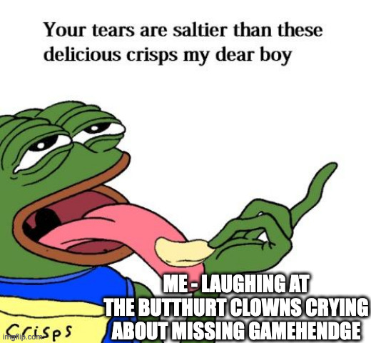 Gamehendge and Phish | ME - LAUGHING AT THE BUTTHURT CLOWNS CRYING ABOUT MISSING GAMEHENDGE | image tagged in your tears are saltier than these delicious crisps my dear boy | made w/ Imgflip meme maker