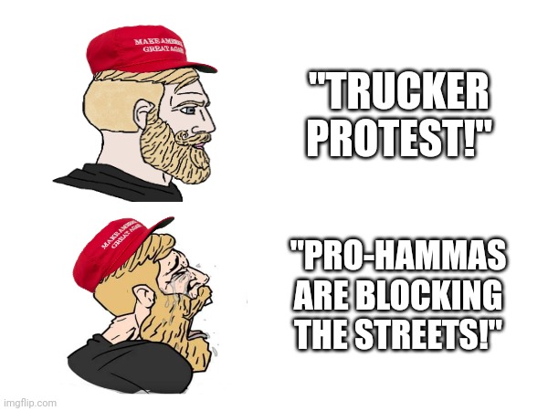 Blue pilled | "TRUCKER PROTEST!"; "PRO-HAMMAS ARE BLOCKING THE STREETS!" | image tagged in chad | made w/ Imgflip meme maker