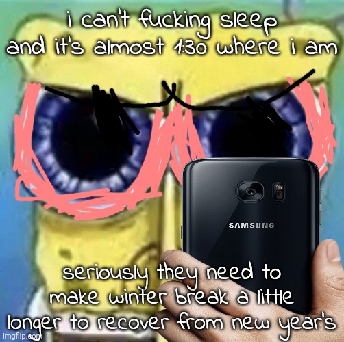 goddammit | i can't fucking sleep and it's almost 1:30 where i am; seriously they need to make winter break a little longer to recover from new year's | made w/ Imgflip meme maker