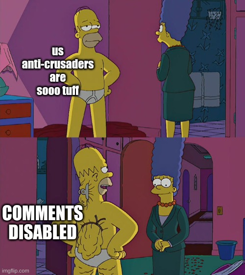 Homer Simpson's Back Fat | us anti-crusaders are sooo tuff; COMMENTS DISABLED | image tagged in homer simpson's back fat | made w/ Imgflip meme maker