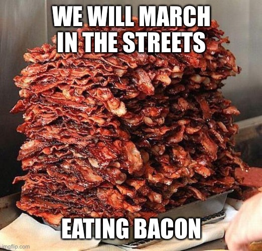 bacon | WE WILL MARCH IN THE STREETS EATING BACON | image tagged in bacon | made w/ Imgflip meme maker