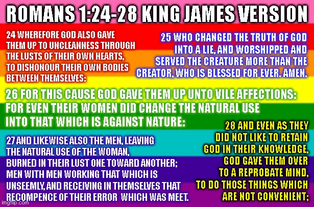 24 WHEREFORE GOD ALSO GAVE
THEM UP TO UNCLEANNESS THROUGH
THE LUSTS OF THEIR OWN HEARTS,
TO DISHONOUR THEIR OWN BODIES
BETWEEN THEMSELVES:; ROMANS 1:24-28 KING JAMES VERSION; 25 WHO CHANGED THE TRUTH OF GOD
INTO A LIE, AND WORSHIPPED AND
SERVED THE CREATURE MORE THAN THE
CREATOR, WHO IS BLESSED FOR EVER. AMEN. 26 FOR THIS CAUSE GOD GAVE THEM UP UNTO VILE AFFECTIONS: 
FOR EVEN THEIR WOMEN DID CHANGE THE NATURAL USE
INTO THAT WHICH IS AGAINST NATURE:; 28 AND EVEN AS THEY
DID NOT LIKE TO RETAIN
GOD IN THEIR KNOWLEDGE,
GOD GAVE THEM OVER
TO A REPROBATE MIND,
TO DO THOSE THINGS WHICH
ARE NOT CONVENIENT;; 27 AND LIKEWISE ALSO THE MEN, LEAVING
THE NATURAL USE OF THE WOMAN,
BURNED IN THEIR LUST ONE TOWARD ANOTHER;
MEN WITH MEN WORKING THAT WHICH IS
UNSEEMLY, AND RECEIVING IN THEMSELVES THAT
RECOMPENCE OF THEIR ERROR  WHICH WAS MEET. | made w/ Imgflip meme maker