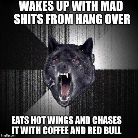 Insanity Wolf Meme | WAKES UP WITH MAD SHITS FROM HANG OVER EATS HOT WINGS AND CHASES IT WITH COFFEE AND RED BULL | image tagged in memes,insanity wolf | made w/ Imgflip meme maker
