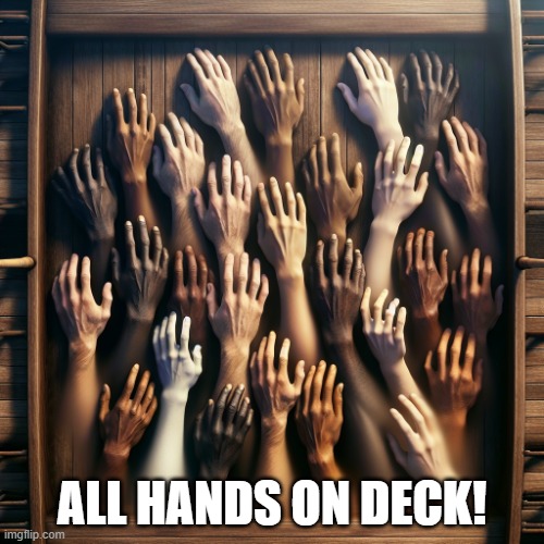 From the built in imgflip generator - brought to you by Nightmare Fuel | ALL HANDS ON DECK! | image tagged in all hands on deck,memes,ai generated,ai image | made w/ Imgflip meme maker