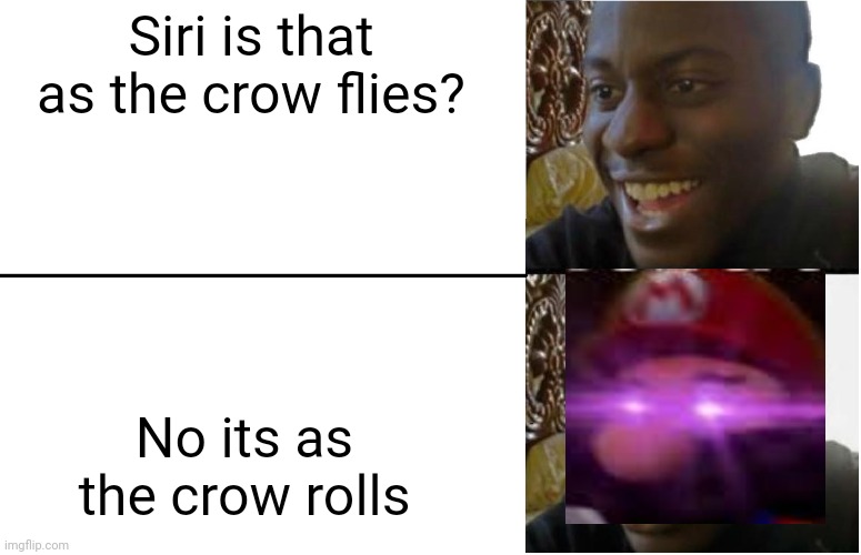 Disappointed Black Guy | Siri is that as the crow flies? No its as the crow rolls | image tagged in disappointed black guy | made w/ Imgflip meme maker