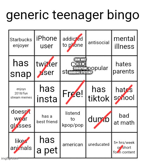Could be 7 | ERM WAT IS C IN EUROPEAN GRADING SYSTEM? | image tagged in generic teenager bingo | made w/ Imgflip meme maker