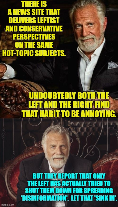 This is true.  Interesting, eh? | THERE IS A NEWS SITE THAT DELIVERS LEFTIST AND CONSERVATIVE PERSPECTIVES ON THE SAME HOT-TOPIC SUBJECTS. UNDOUBTEDLY BOTH THE LEFT AND THE RIGHT FIND THAT HABIT TO BE ANNOYING. BUT THEY REPORT THAT ONLY THE LEFT HAS ACTUALLY TRIED TO SHUT THEM DOWN FOR SPREADING 'DISINFORMATION'.  LET THAT 'SINK IN'. | image tagged in yep | made w/ Imgflip meme maker