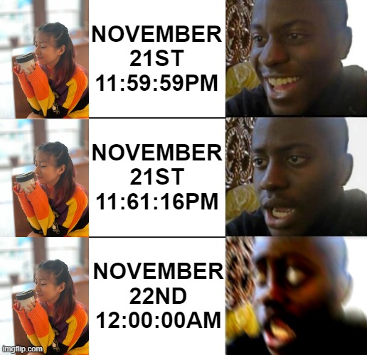 NOVEMBER 22ND AND HAPPY BIRTHDAY TO THE CELINE DION TAM SISTERS! | NOVEMBER 21ST 11:59:59PM; NOVEMBER 21ST 11:61:16PM; NOVEMBER 22ND 12:00:00AM | image tagged in disappointed guy 3 panels | made w/ Imgflip meme maker