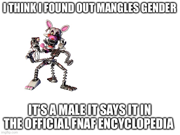 I did it | I THINK I FOUND OUT MANGLES GENDER; IT’S A MALE IT SAYS IT IN THE OFFICIAL FNAF ENCYCLOPEDIA | made w/ Imgflip meme maker