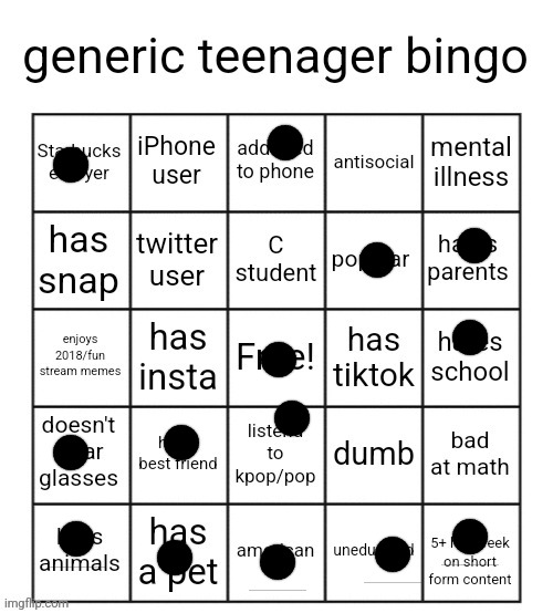 generic teenager bingo | image tagged in generic teenager bingo | made w/ Imgflip meme maker