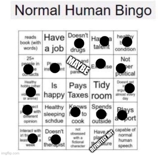 Normal human bingo | MAYBE; DEFINITELY NOT | image tagged in normal human bingo | made w/ Imgflip meme maker
