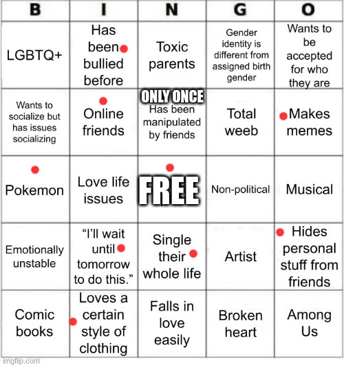 TheSuitedGayWeeb's Bingo | ONLY ONCE; FREE | image tagged in thesuitedgayweeb's bingo | made w/ Imgflip meme maker