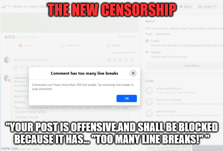 The New Censorship 01 | THE NEW CENSORSHIP; "YOUR POST IS OFFENSIVE,AND SHALL BE BLOCKED
BECAUSE IT HAS... "TOO MANY LINE BREAKS!" " | image tagged in the new censorship | made w/ Imgflip meme maker
