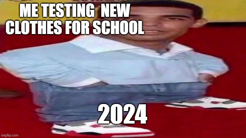 i dont know why i used that image | ME TESTING  NEW CLOTHES FOR SCHOOL; 2024 | image tagged in memes | made w/ Imgflip meme maker