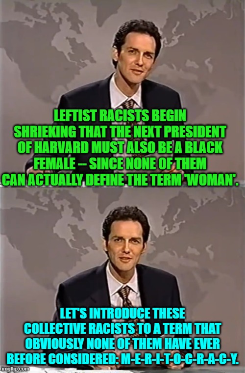 Yep . . . the principle that made Harvard great before leftists began running it into the ground. | LEFTIST RACISTS BEGIN SHRIEKING THAT THE NEXT PRESIDENT OF HARVARD MUST ALSO BE A BLACK FEMALE -- SINCE NONE OF THEM CAN ACTUALLY DEFINE THE TERM 'WOMAN'. LET'S INTRODUCE THESE COLLECTIVE RACISTS TO A TERM THAT OBVIOUSLY NONE OF THEM HAVE EVER BEFORE CONSIDERED: M-E-R-I-T-O-C-R-A-C-Y. | image tagged in weekend update with norm | made w/ Imgflip meme maker