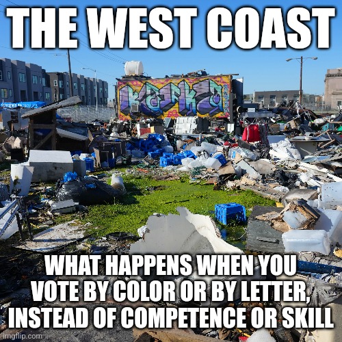To feel sorry for the crime, drugs, and homelessness sweeping the Left Coast is difficult, they voted for this! | THE WEST COAST; WHAT HAPPENS WHEN YOU VOTE BY COLOR OR BY LETTER, INSTEAD OF COMPETENCE OR SKILL | image tagged in california,oregon,washington,stupid liberals,brainwashing,democratic socialism | made w/ Imgflip meme maker
