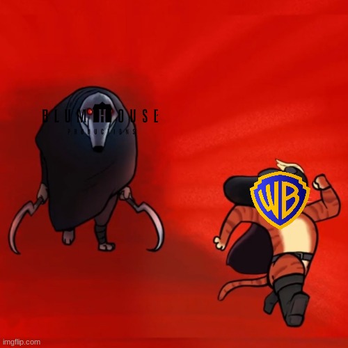 warner bros reaction to atomic monster productions merging with blumhouse | image tagged in puss running from death,warner bros discovery,blumhouse,memes | made w/ Imgflip meme maker